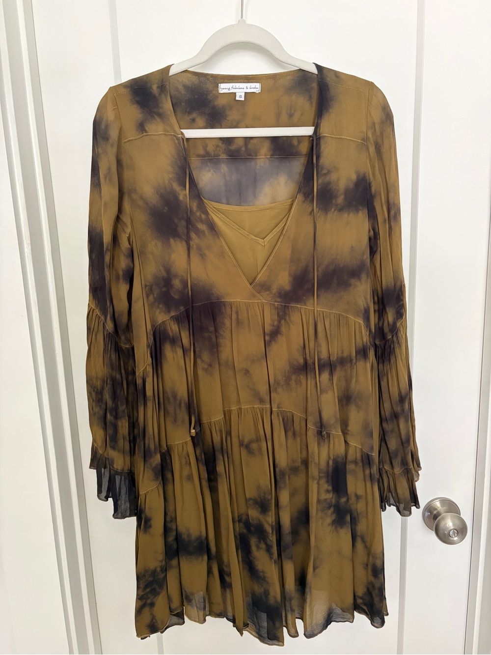 Young Fabulous & Broke Tie Dye Mini Dress Small Brown Black Bell Sleeve Boho